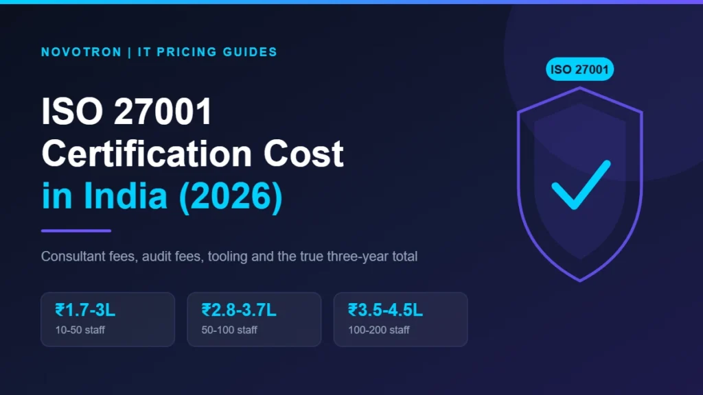 ISO 27001 certification cost in India 2026 guide by Novotron, showing price bands by company size